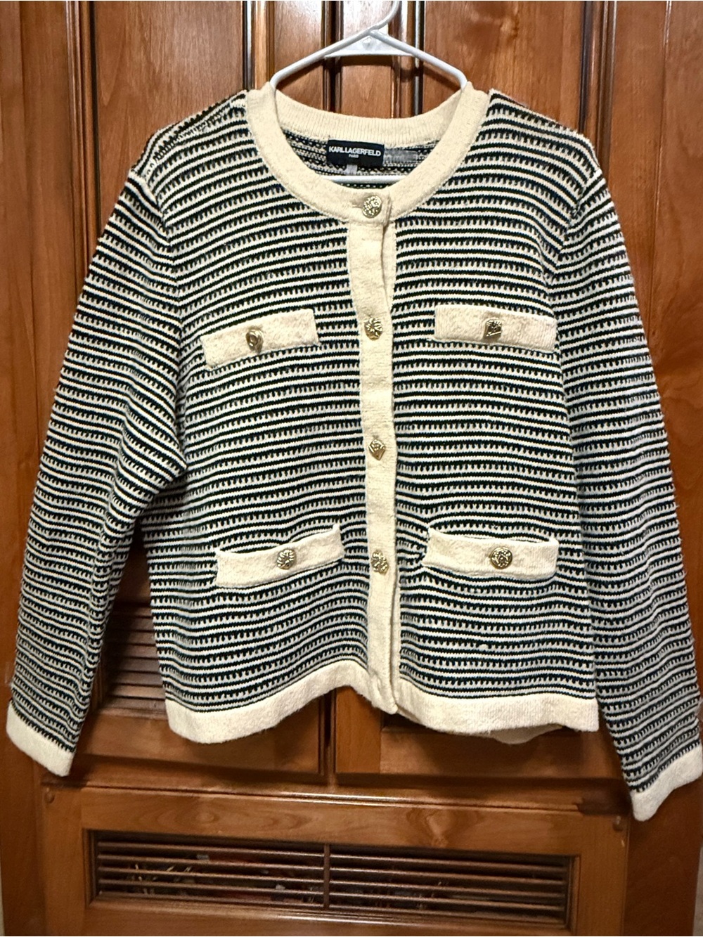 Karl Lagerfeld Paris Striped Boucle Knit Cardigan Coastal Grandma Luxe XL